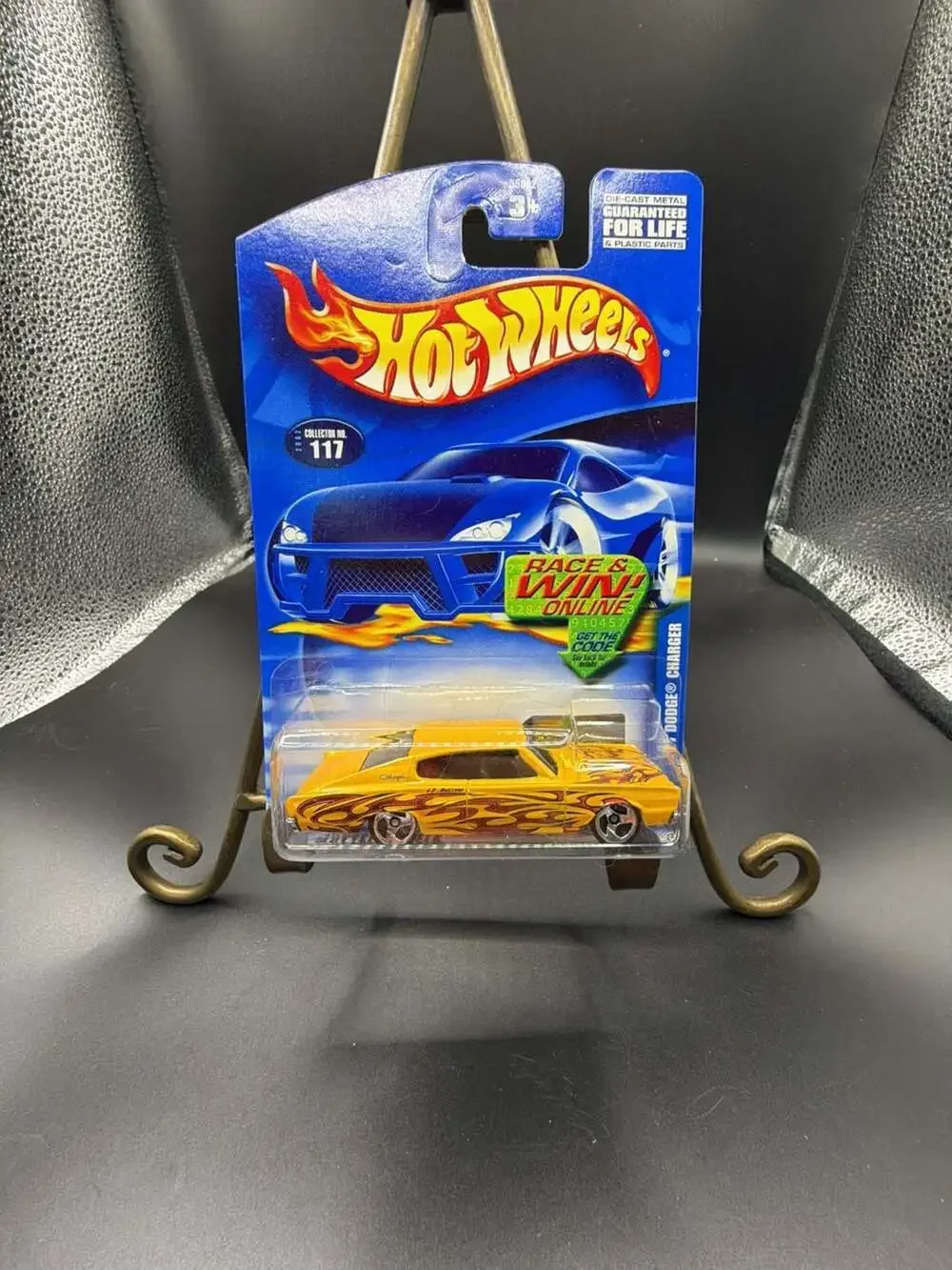 2002 Hot Wheels '67 Dodge Charger #117 Yellow with Flame Graphics
